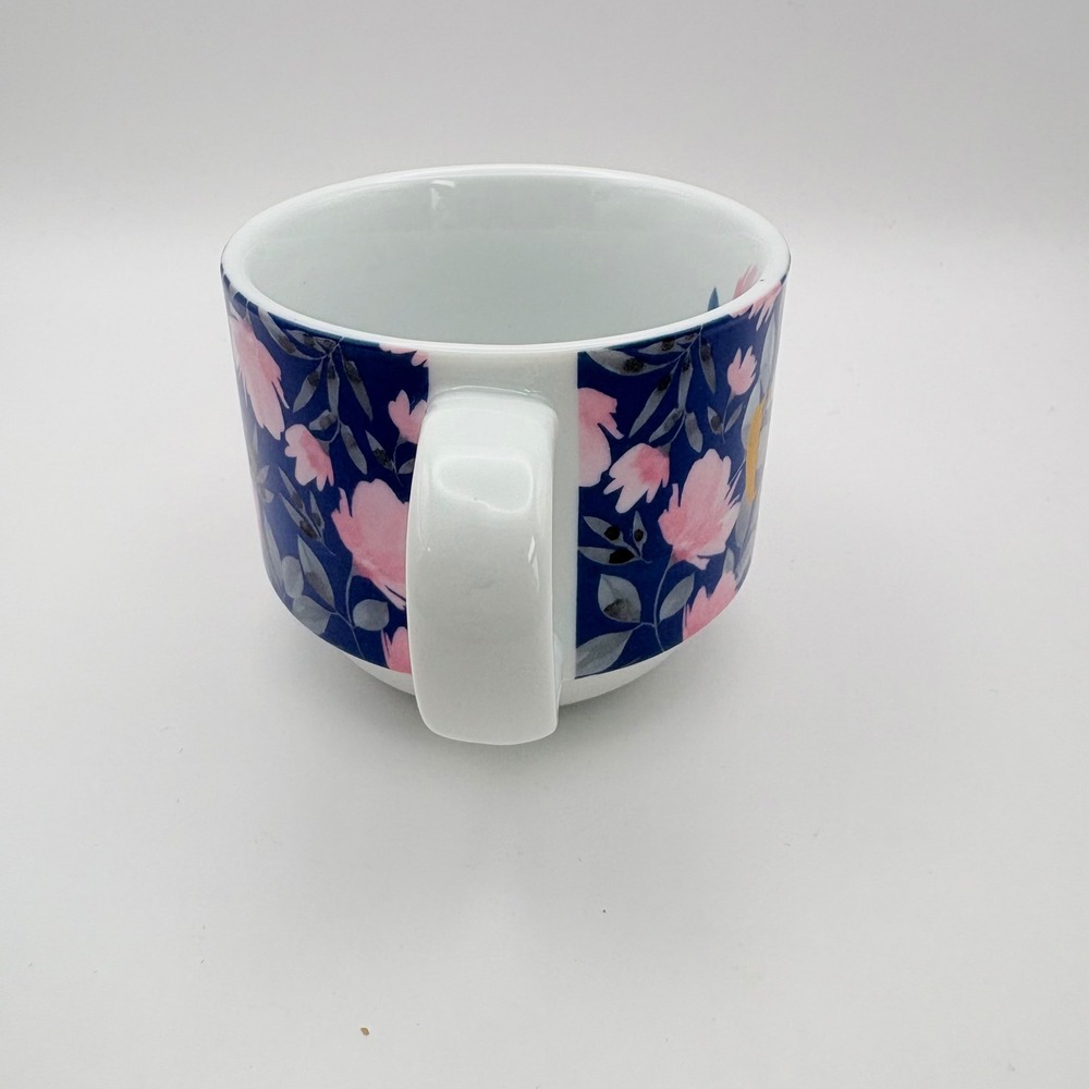 Pier 1 Coffee Tea Mug Stackable Navy Blue Floral Create Gold Script Small Chip - Picture 2 of 7